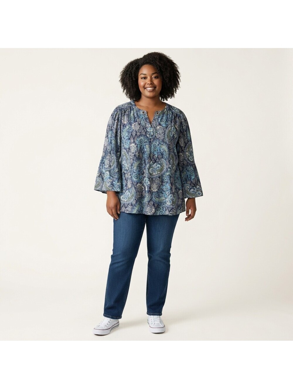 Ninety Blouse Women 2X Plus Blue Floral V-Neck Long Sleeve Pullover Casual